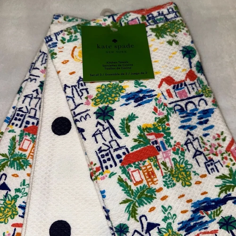 Kate Spade Kitchen Towel Set of 3 Tropical Colorful Scene Polka Dots NWT